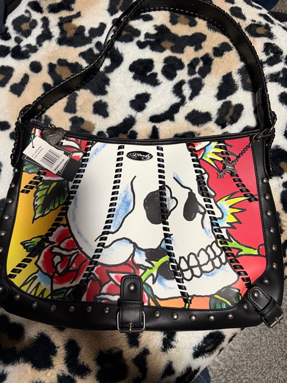 Ed Hardy Black Trim Multicolor Skull & Rose Shoulder Bag